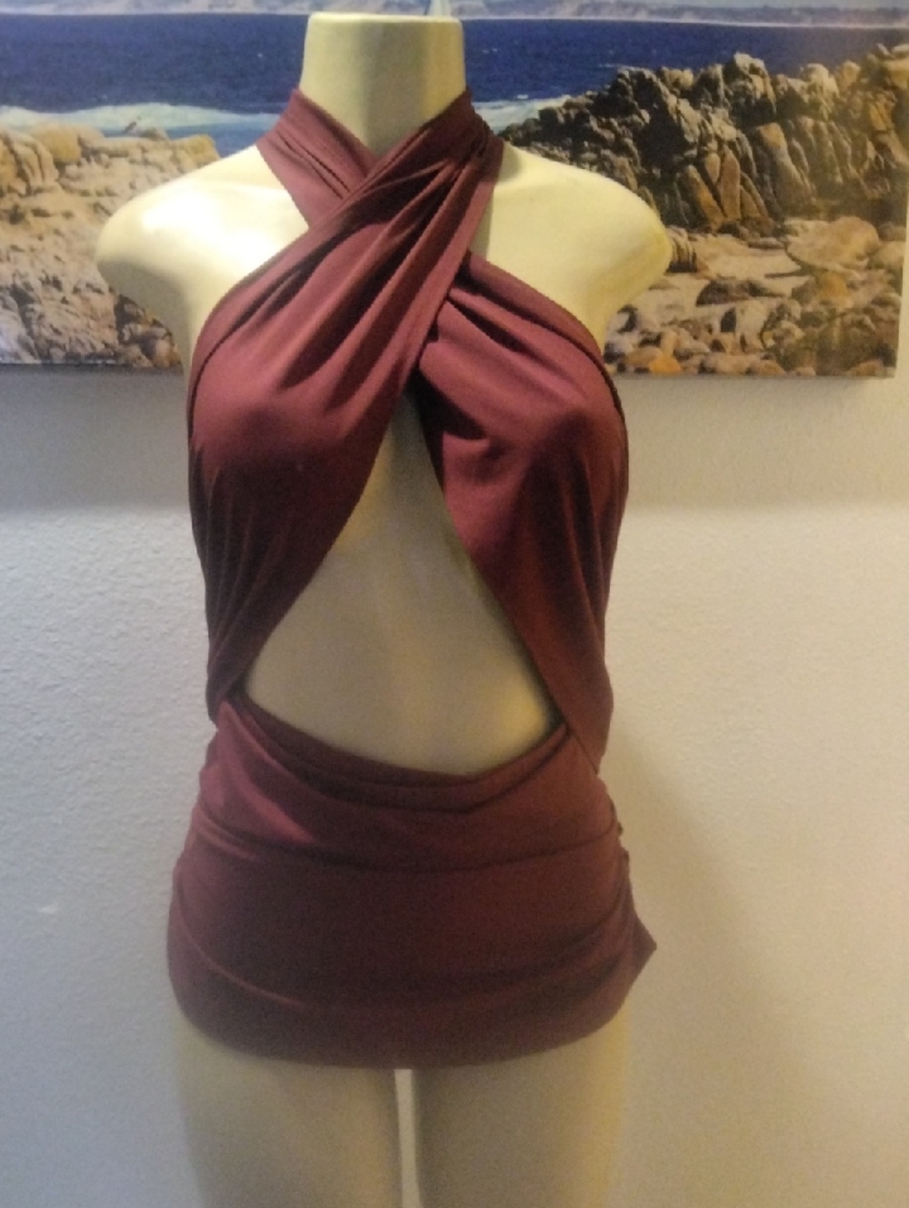 Women's Twist Halter Crop Top in Burgundy